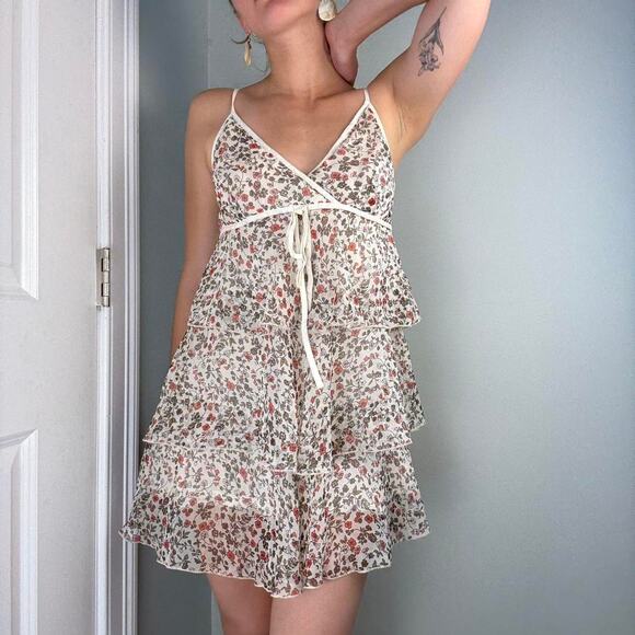 White pink floral mini babydoll tiered dress - Picture 4 of 8